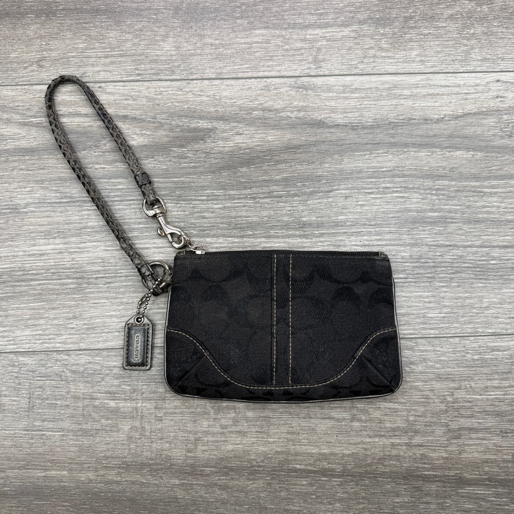 Coach Signature C Jacquard Wristlet Black Leather Snakeskin Trim Silver Hardware
